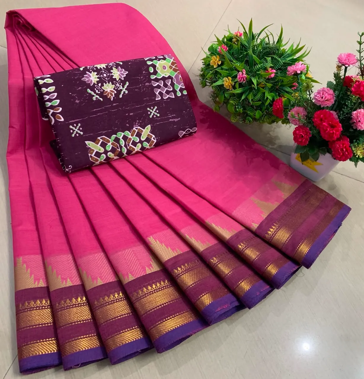 Rani Pink Chettinadu Pure Cotton Saree with Kalamkari Blouse
